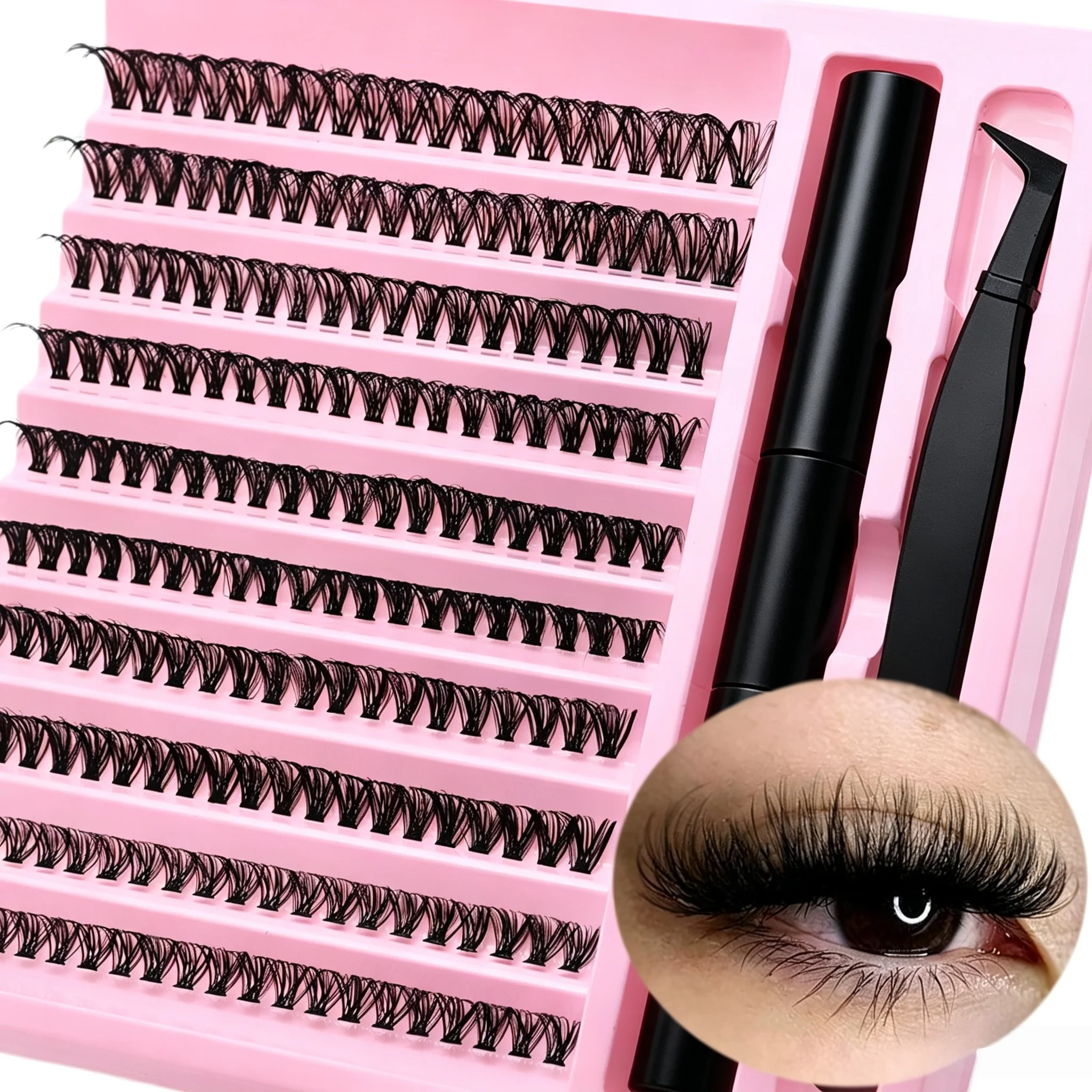 DIY Cluster Lash Extension Kit D Curl Individual False Eyelashes With Bond & Seal Glue Lash Tweezers Tool Soft & Lightweight