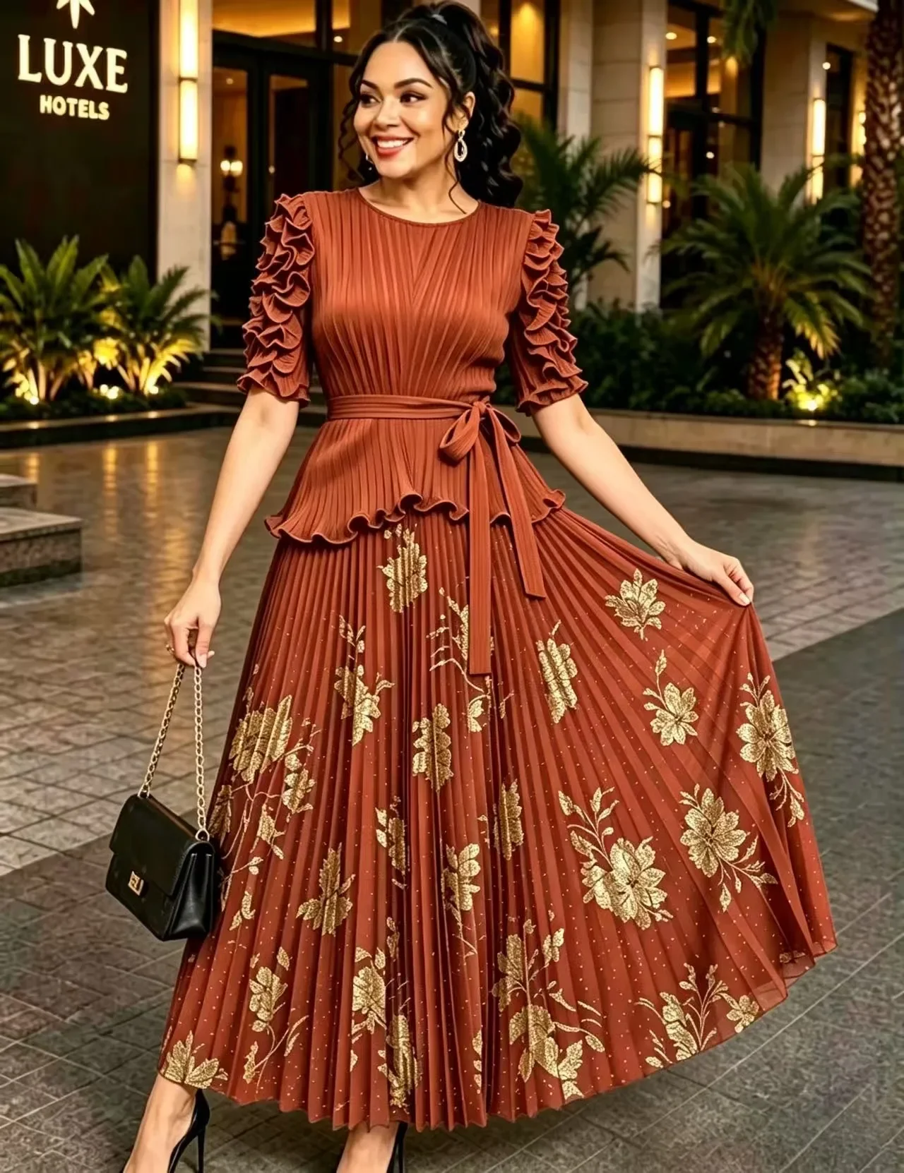 Miyake 2026 New Pleated Printing Fashion Bronzing Set Fungus Lace-up V-neck Loose Dress Two-piece Set