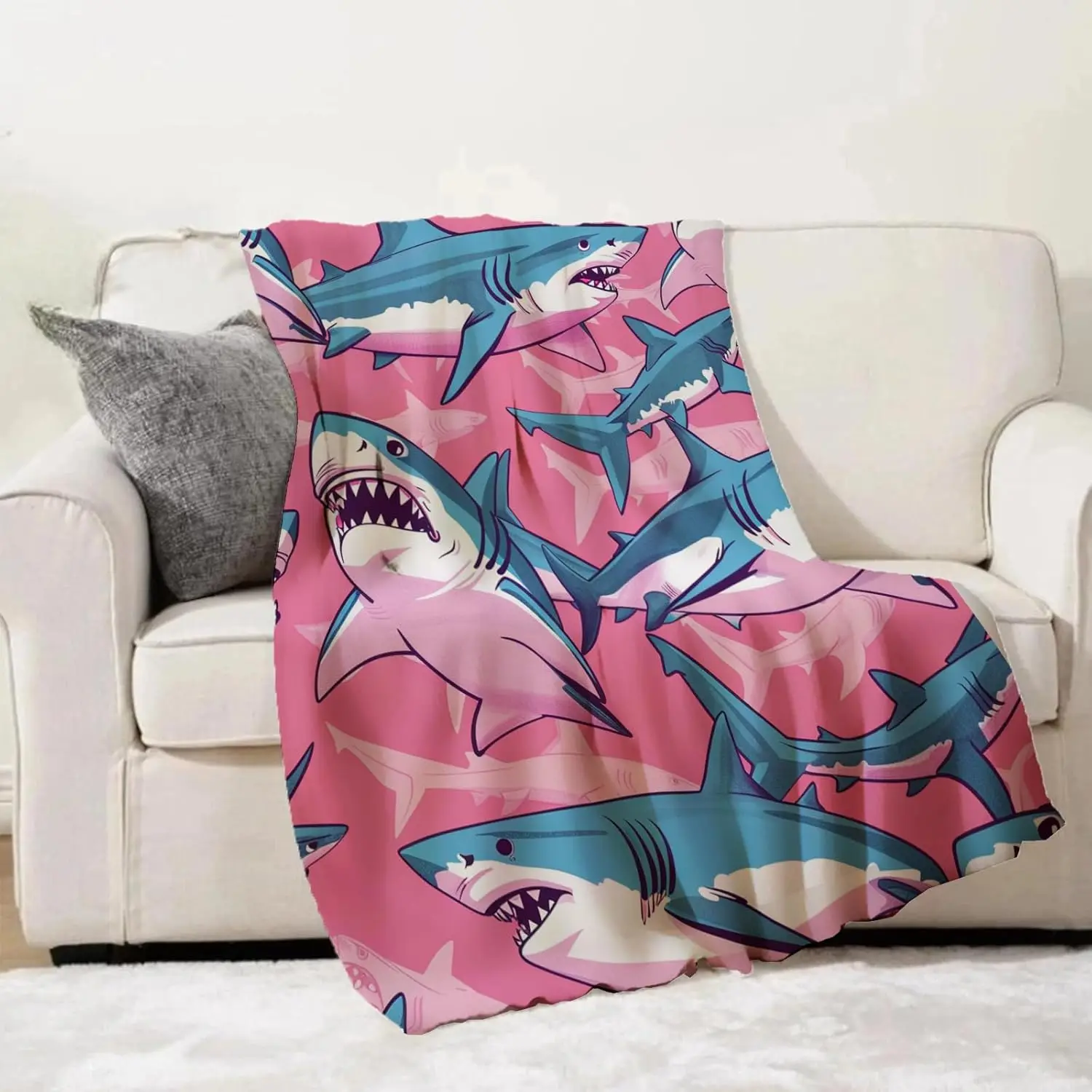 Pink Shark Blanket Gifts, Fun and Bold Blue Sharks Fleece Throw, Cozy and Soft Lightweight Blanket for Ocean and Animal Lovers,