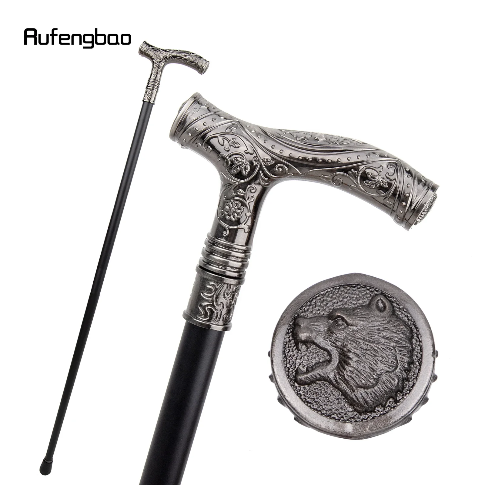 Silver Roaring Bear Head Flower  Single Joint Walking Stick Decorative Cospaly Party Fashionable Cane Halloween Crosier 93cm