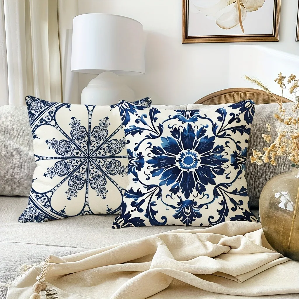 Ethnic style blue floral pattern printing pillowcase living room sofa chair cushion cover bedroom room home decoration