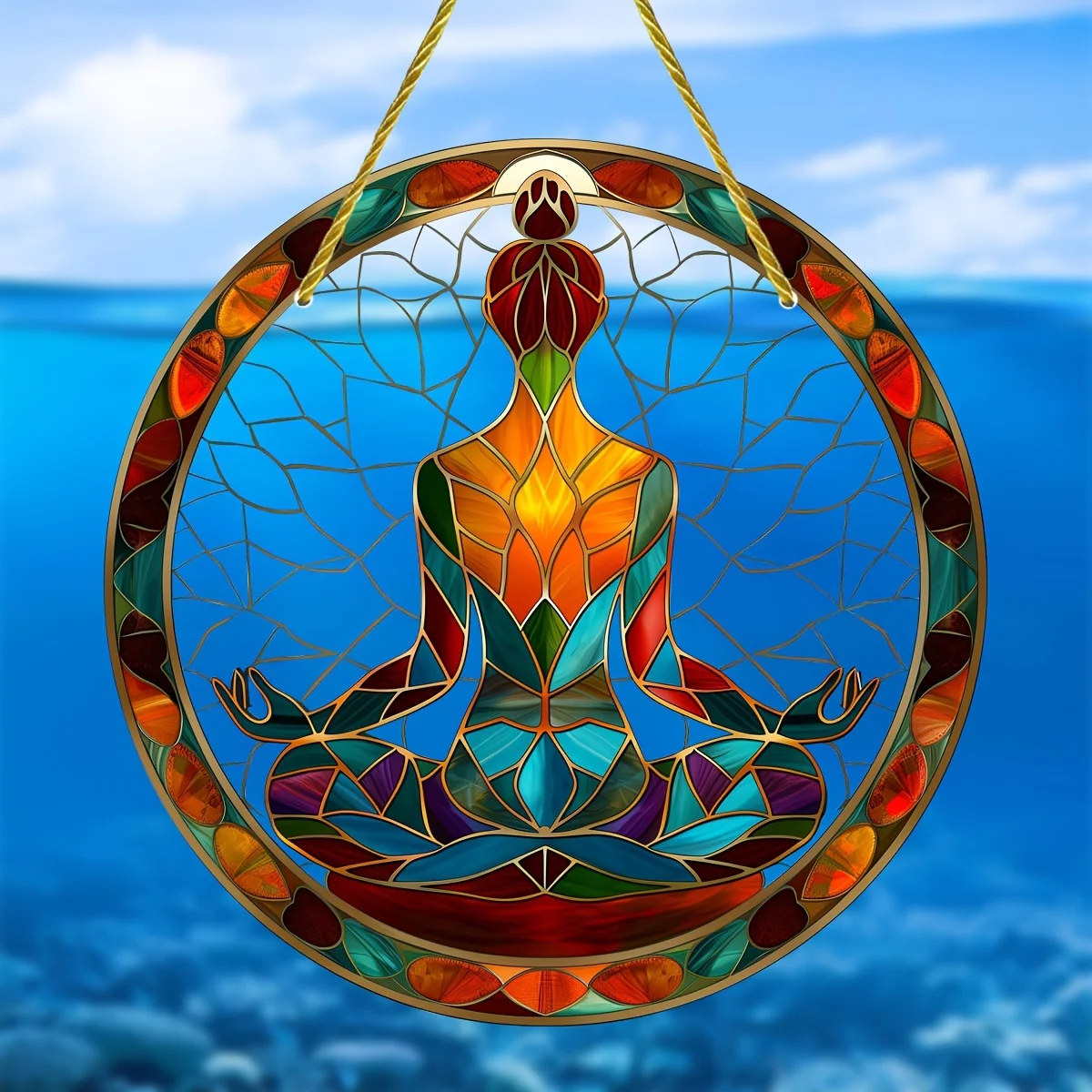 Yoga Symbol Stained Glass Suncatcher,Round Acrylic Hanging Decor,Garden,Porch,Window Decoration,Ideal Birthday Gift for Friends