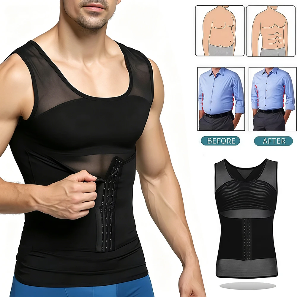 Men Tummy Control Body Shaper Vest,Button Adjustable Compression Tank Top,Breathable Invisible Slimming Shapewear for Beer Belly