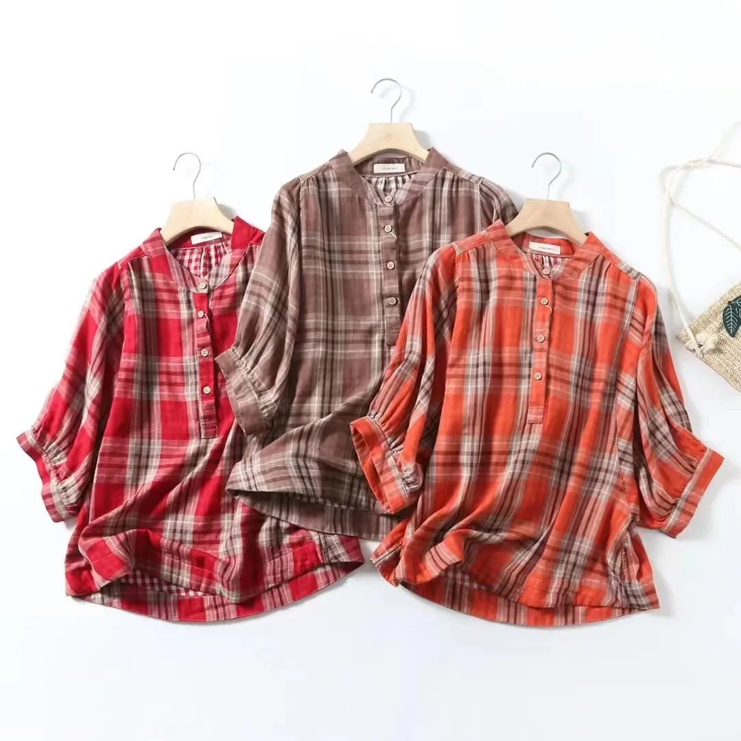 New Spring Cotton Plaid Shirt donna Stand Lantern Sleeve allentato Top Girl letteratura Casual pendolarismo camicetta 2024 autunno T44544QC