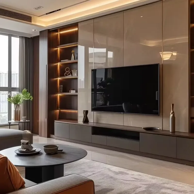 Living room TV unit custom high storage cardboard bookshelf glass display cabinet