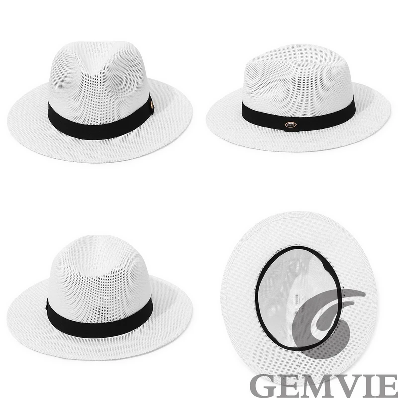 Summer 100% Paper Wide Brim Fedora Hat for Women Sun Beach Straw Hat Men Panama Cap with Black Band