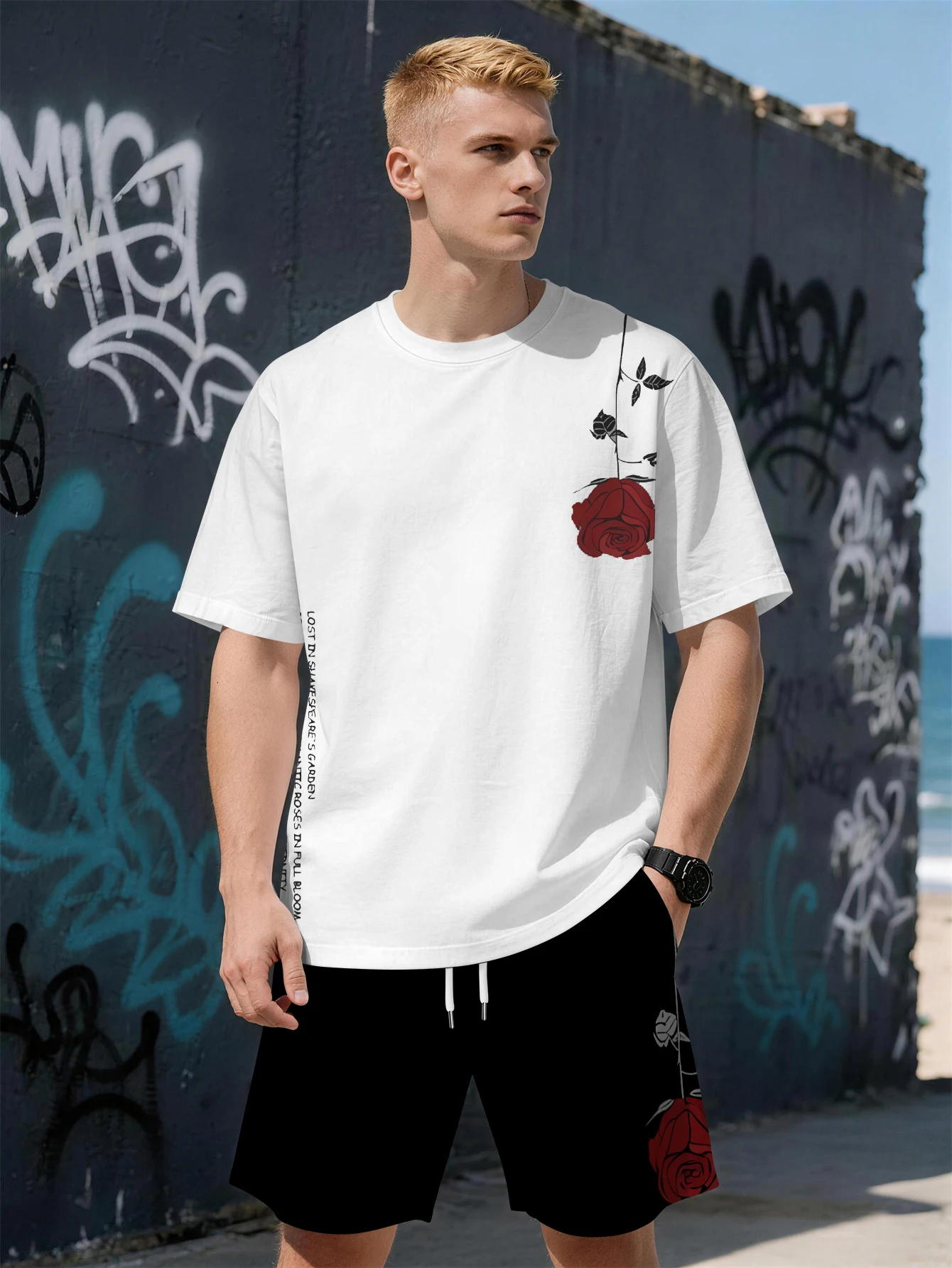 

2026 Summer New Men's Short-Sleeved Set with 3D Rose Pattern Print for Street Casual Fashion Comfortable and Soft
