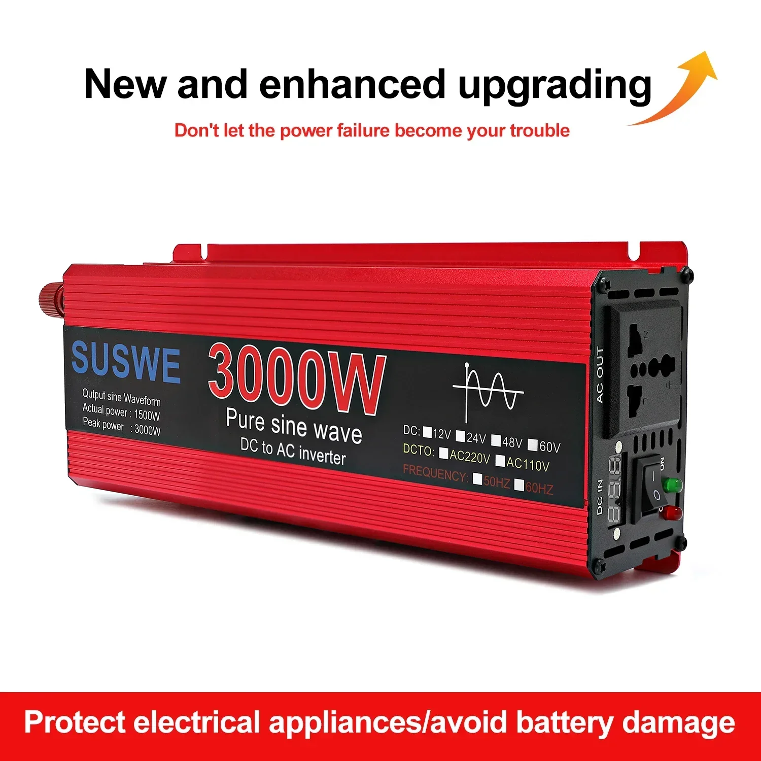 Pure Sine Wave Inverter DC to AC 12V/24V to 220V 50HZ 1000W 2000W 2200W 3000W Car Power Inverter with LED Display