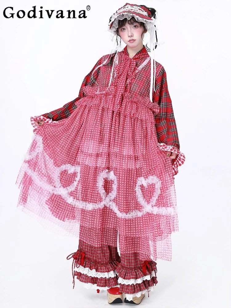 

Japanese Sweet Lolita Pink Plaid Dress Overskirt New 2025 Girl's Women's Loose Slimming Bow Lace-UP Thin Long Sleeveless Dress