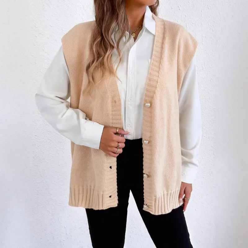 

Women's Tops Autumn and Winter Vest Women's Clothing Pearl Button Loose Casual Cardigan Sweater Vest