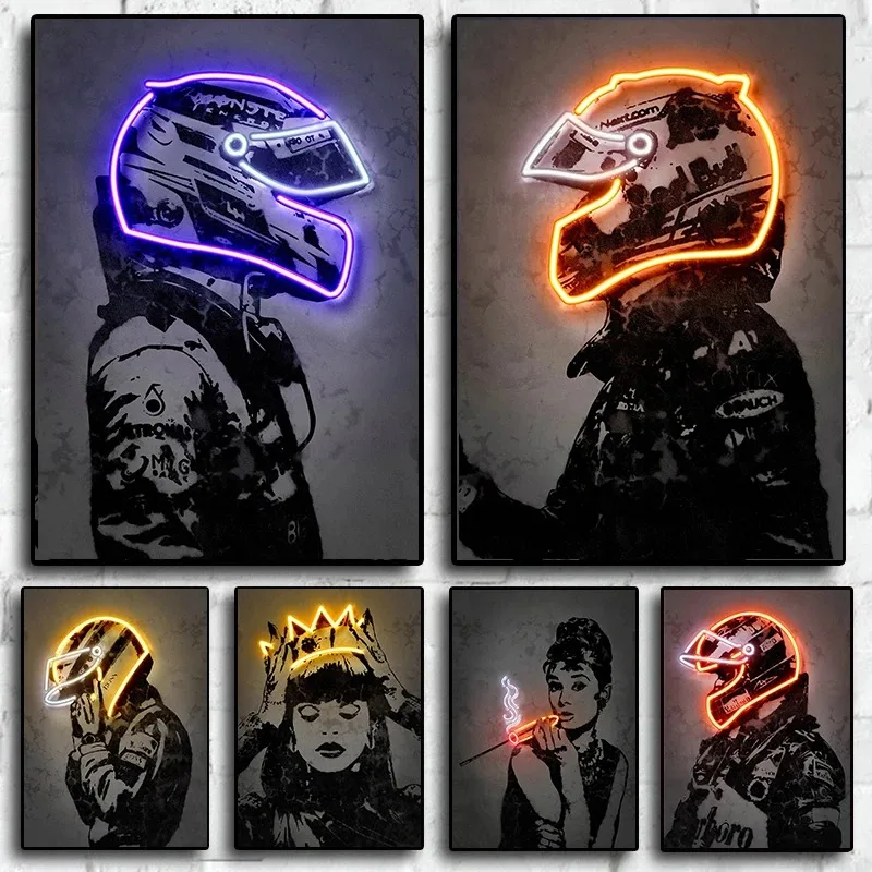 ملصق متسابق جمالي لديكور الغرف ، رياضة السيارات ، كرة القدم ، كرة السلة ، ديكور اللاعب ، طباعة قماش ، فن جداري ، نجم نيون ، 80s ، F1