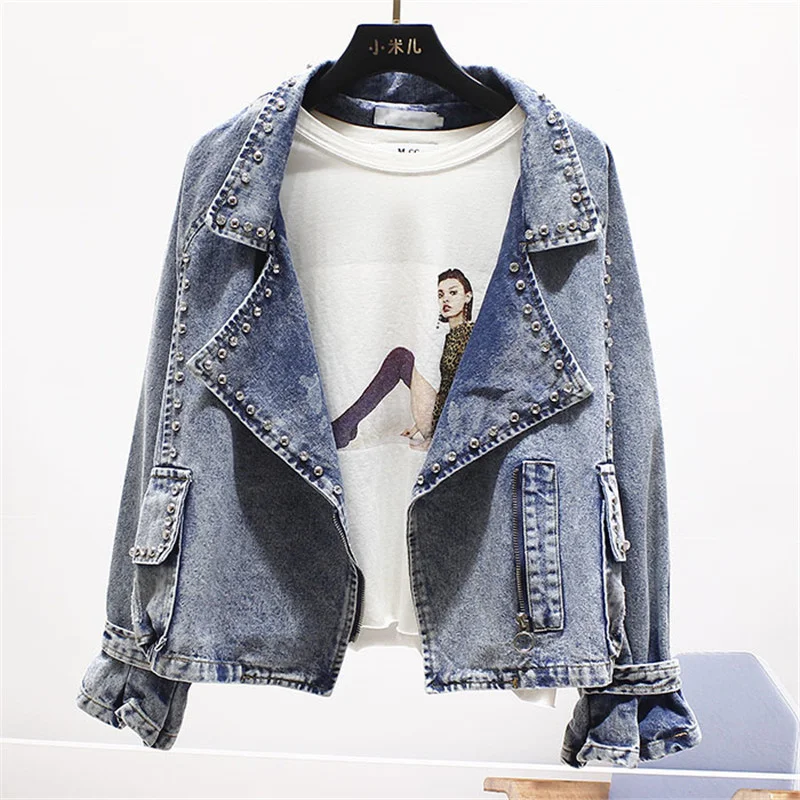 

Vintage Wash Black Blue Denim Jacket Women Streetwear Fashion Beading Rivet Outerwear Loose Suit Collar Short Jeans Jackets Coat