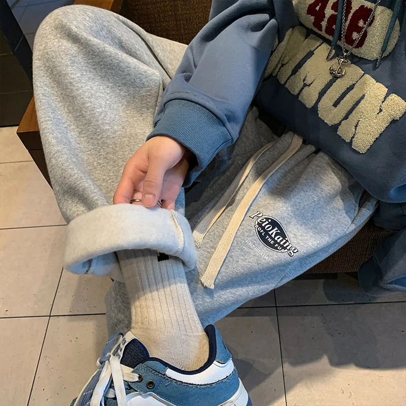 

Мужские утепленные флисовые худи и брюки: осенне-зимние свободные прямые повседневные брюки для подростков, модные спортивные брюки для отдыха