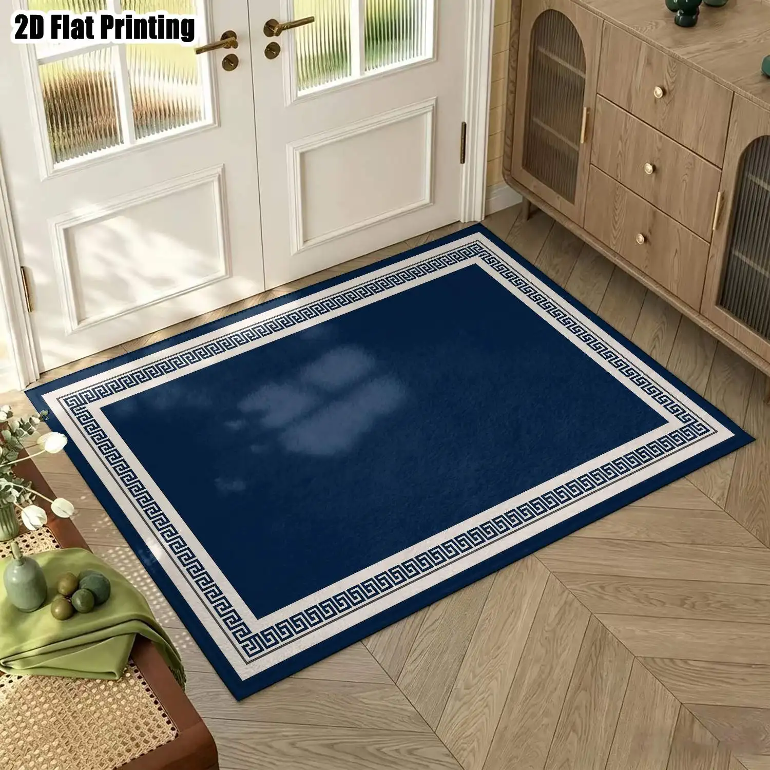 1Pc 2D Printed Carpet: Dark Blue Geometric Scroll Border, European Retro Minimalist Style, Home Decor, Multi-Size, Machine Washable, Suitable for Entrance/Dining/Living/Bedroom Mats
