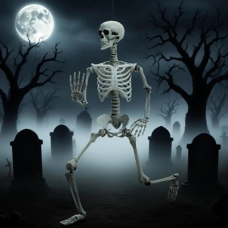 Full Life Size Haunted House Movable Skeleton Prop with Poseable Fake Human Skull Bones for Halloween Party Decoration