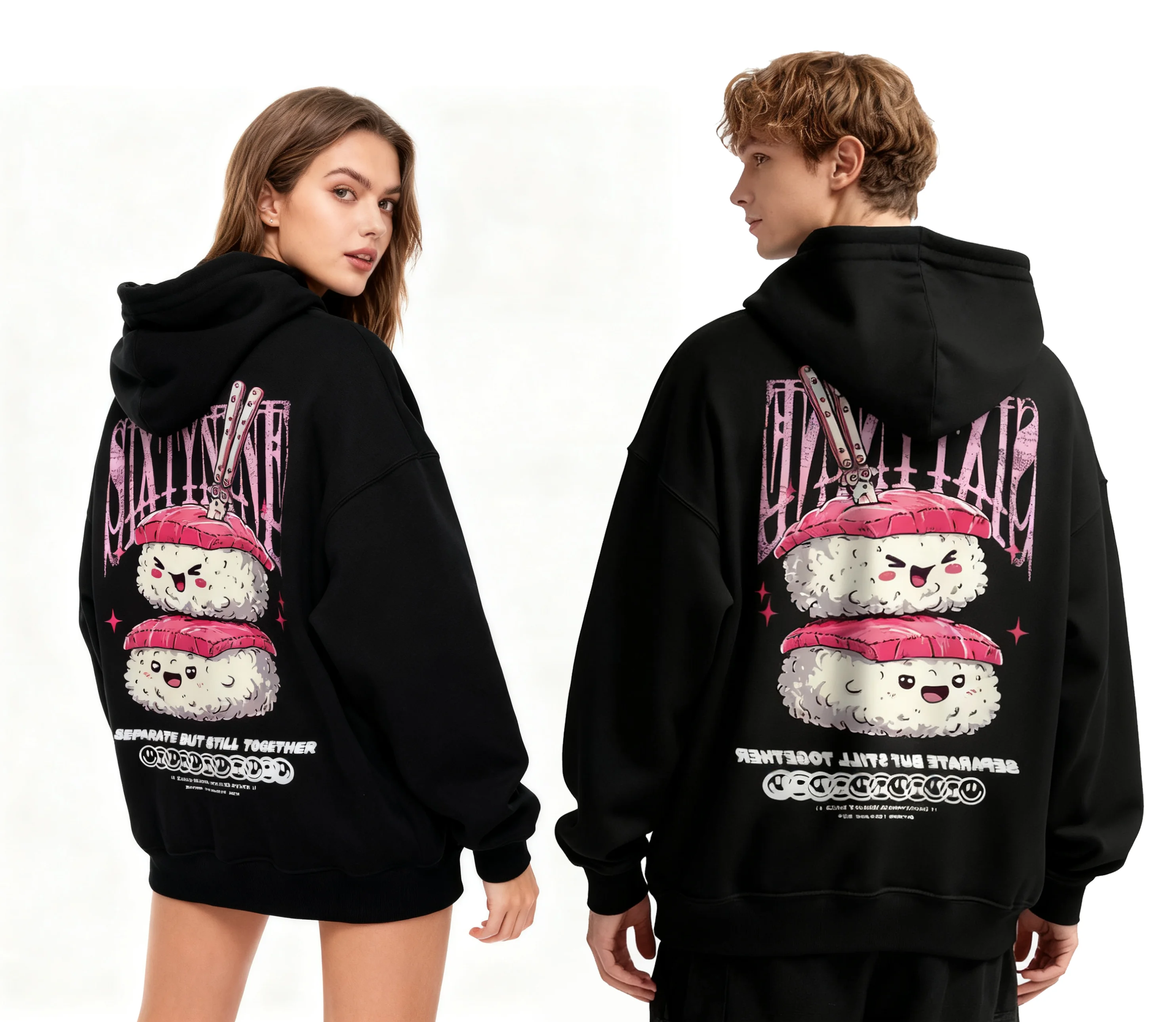 زوجين مقنعين سترة مضحك الكرتون السوشي نمط أغطية رأس مطبوعة للرجال والنساء أنيمي لطيف الأزياء الحشد عارضة السترة