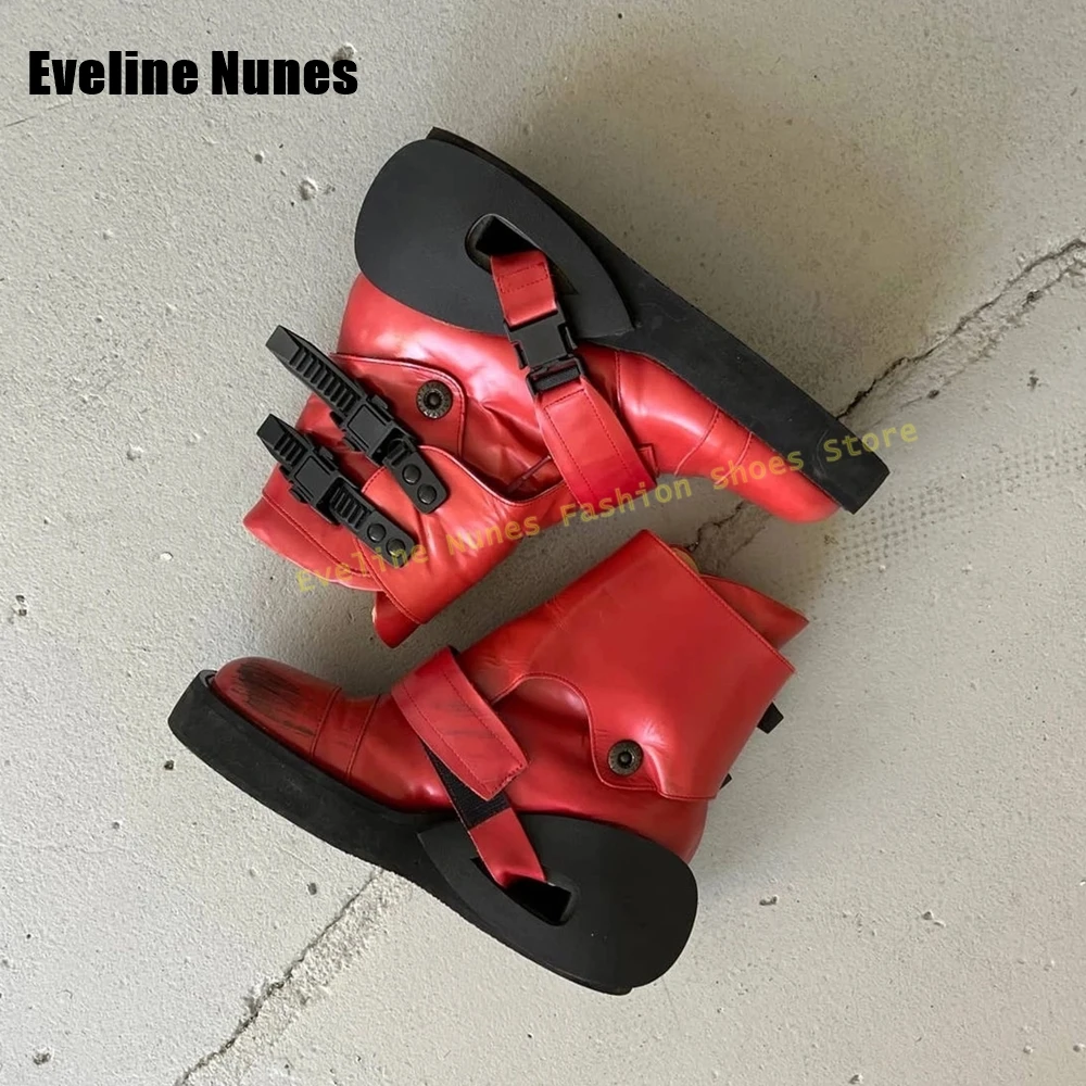 

Red Hook and Loop Motorcycle Boots Toe Belt Buckle Patchwork Women Mid-Calf Boots Punk Dark Club Style 2026 Couple Shoes Newest