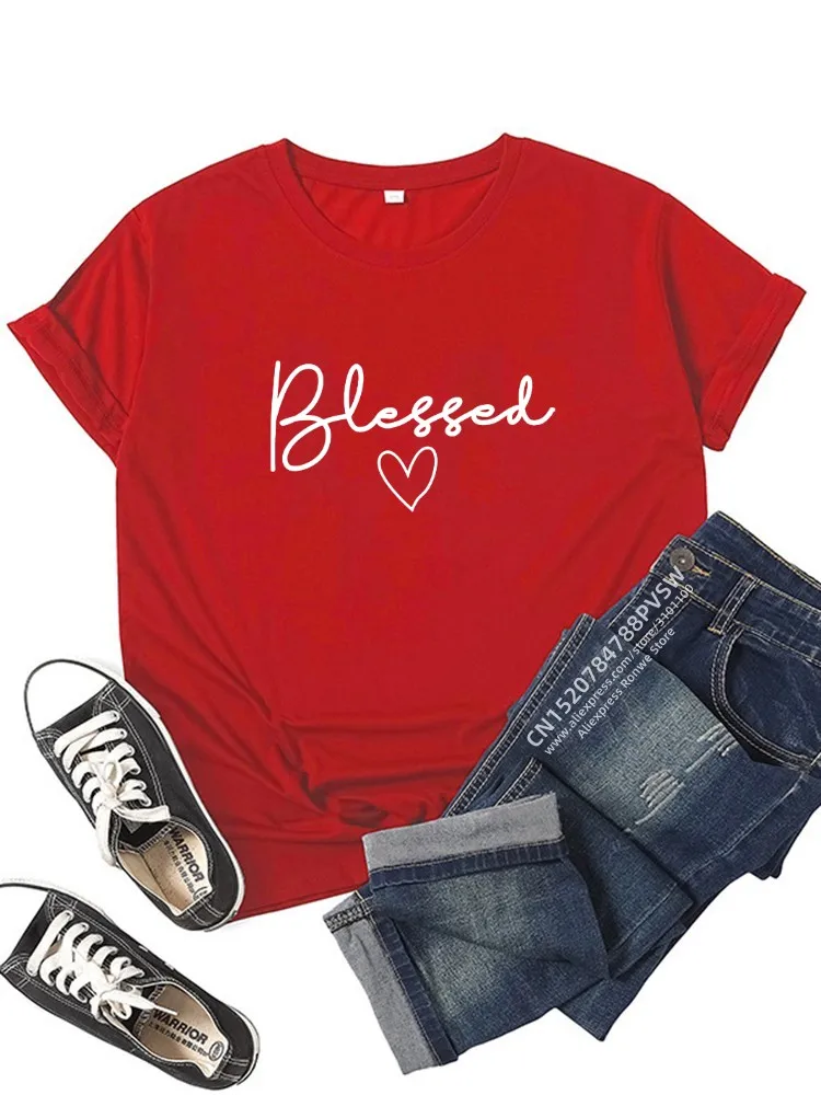 Blessed coração impressão t-shirts das mulheres roupas de verão t camisa harajuku gráfico t casual manga curta topos para a menina