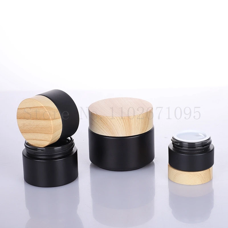 6 20PCS/LOT Wood Grain Clear Frosted Brown Glass Face Cream Jar Separate Refillable Cosmetics Bottle