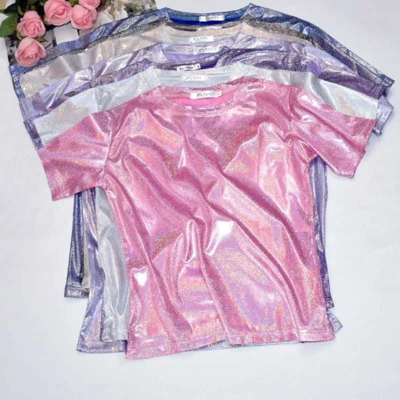 Shimmer Korean Style Oversized T-Shirt Women Thin Breathable Metallic Fabric Short Sleeve Casual Top Plus Size Fashion Layering