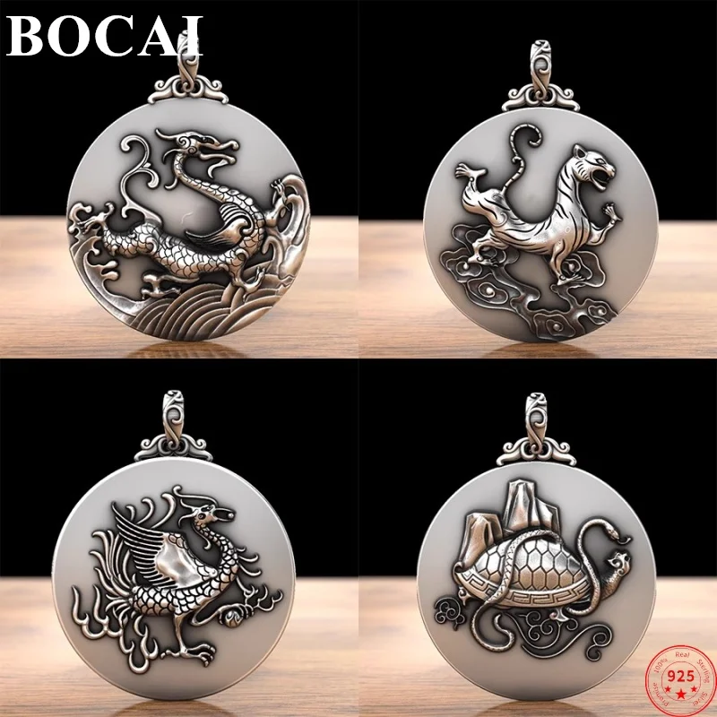 

BOCAI S999 Sterling Silver Pendants for Women Men New Fashion Relief Chinese The Four Great Divine Beasts Amulet Free Shipping