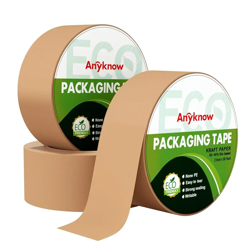 Eco Friendly Moving Tape (3 Pack), 2 Inch x 55 Yards, Strong Self-Adhesive Kraft Paper Tape for Boxes, Writable & Hand Tearab