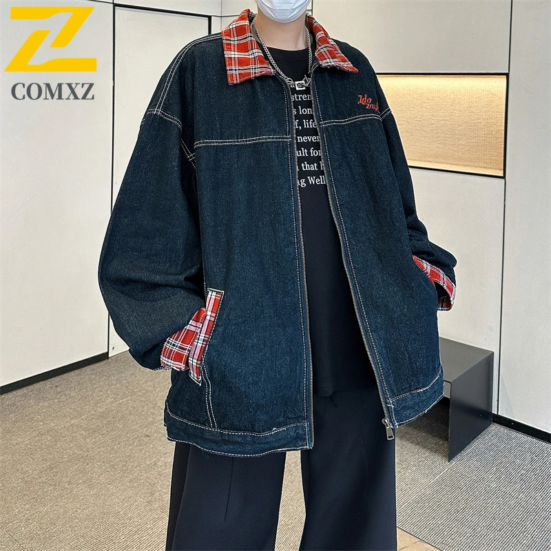 

Men Color Block Plaid Denim Jacket Winter American Style Loose Casual Waterproof windproof Outerwear Thicken Warm Vintage Coat
