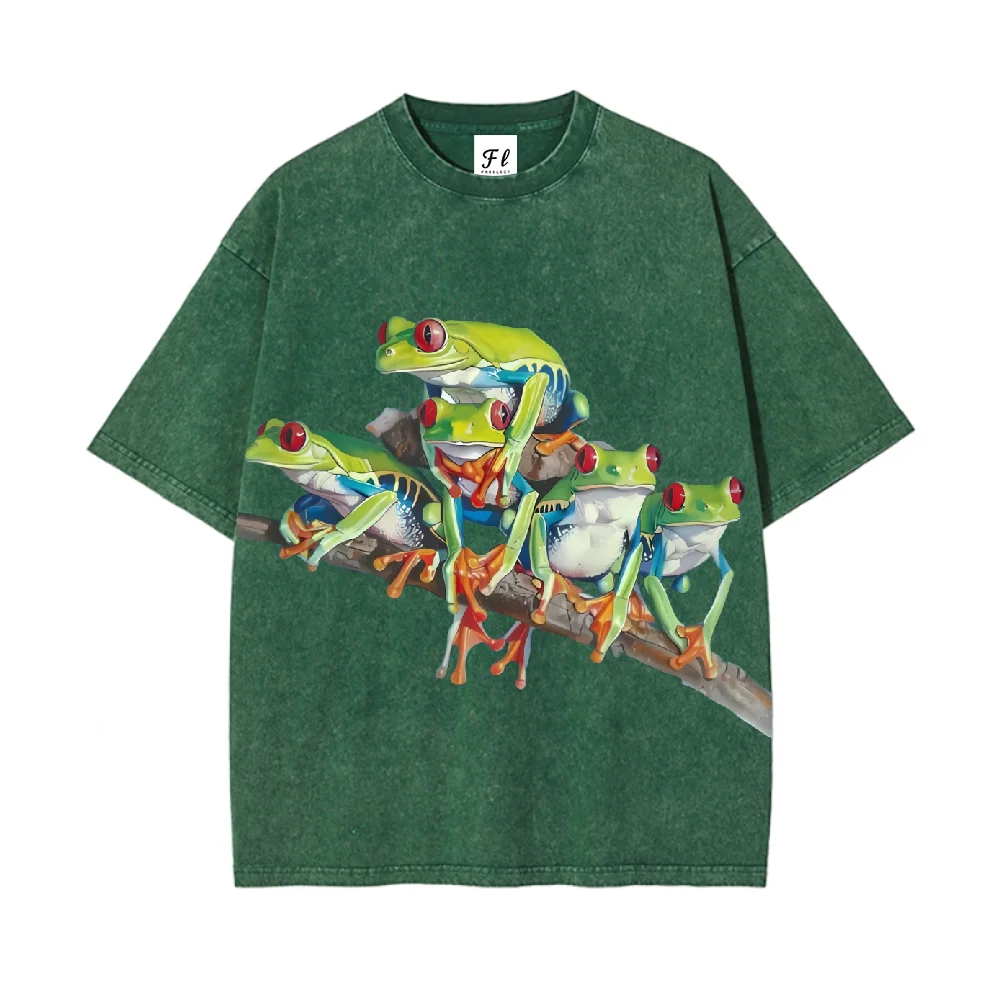 

Tree Frogs Themed Washed Casual T Shirt Unisex Short Sleeve Breathable Vintage Top Great for Gifts and People Who Love Exotic