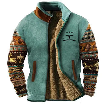 2024 Winter Tribal Style Herren Täglich Lässig Komfort Reißverschluss Wollmantel Blau Braun Grün Stehkragen Wolljacke Trend