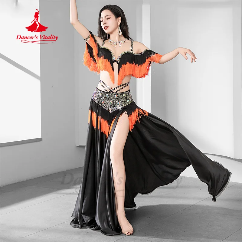 Conjunto de roupas para performance de dança do ventre, sutiã com borla gradiente + saia longa de cetim sexy, 2 peças, trajes de competição de dança oriental