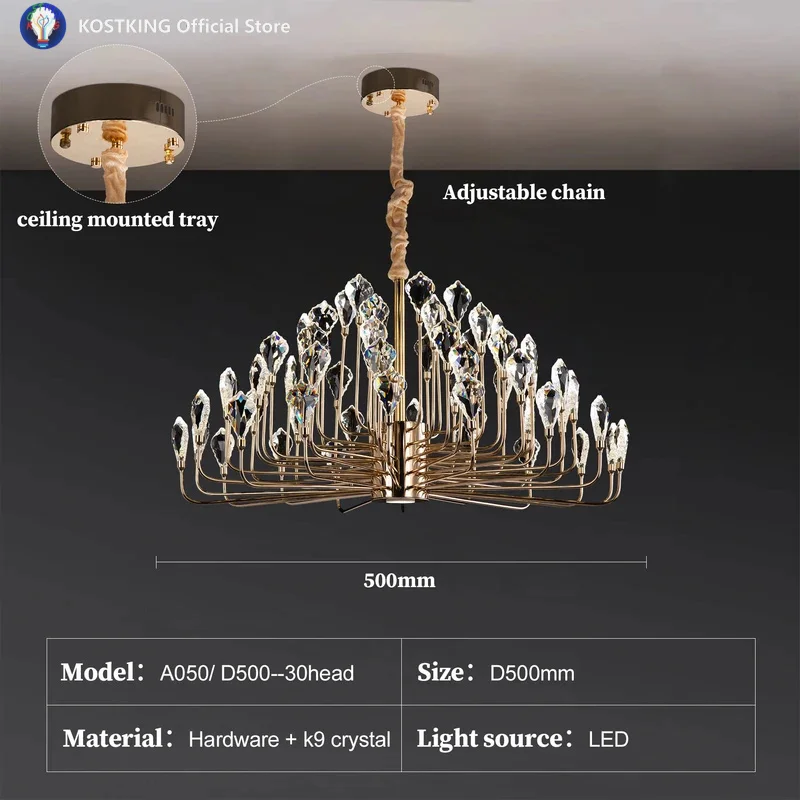 Round Luxury Crystal Ceiling Chandelier Gold For Bedroom Dining Living Room Kitchen K9 Crystal Ceiling Pendent Lamp