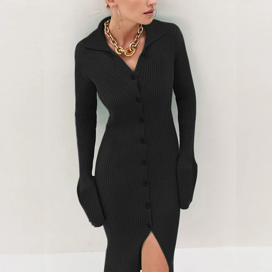 2025 ropa de mujer Winter knitted vestidos longos pit strip warm sweater dress lapel button long sleeve elegant vestidos largos