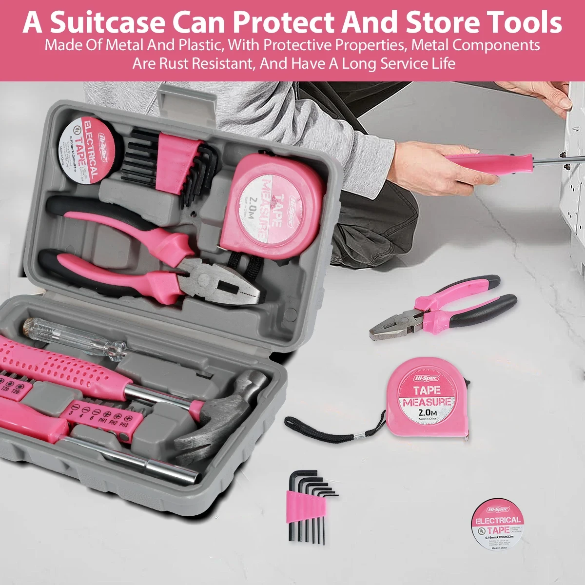 13/24Pcs Household Repair Tool Kit Multi-Purpose Pink Hand Tool Set with Storage Case Durable Hammer and Allen Key Set