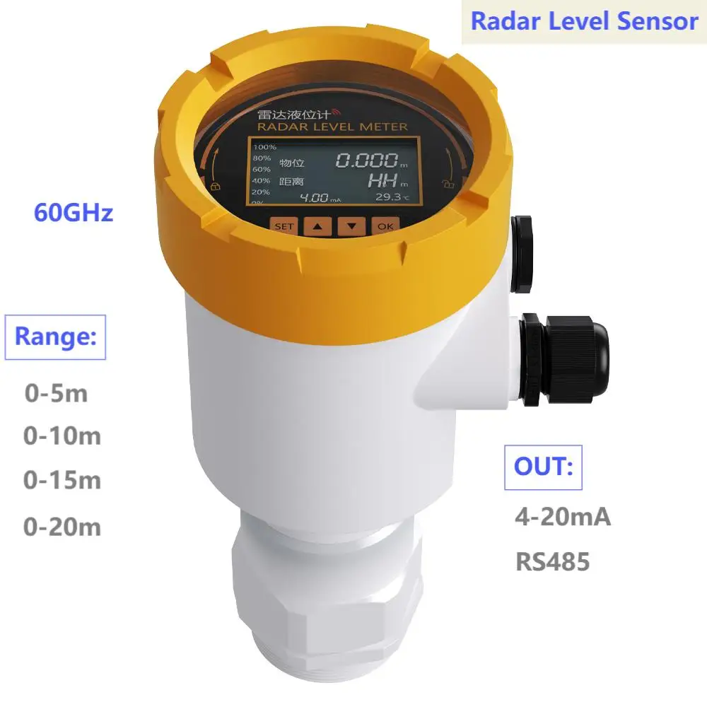 60GHZ 4-20mA Radar Level Sensor RS485 for Wastewater Radar Level Transmitter with Screen Radar Liquid Level Meter 5M 10M