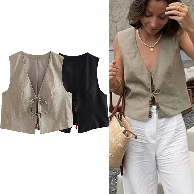 2025 Black Cropped Vest Women Jacket Beading Tied Sleeveless Vest Woman Fashion V Neck Summer Vest Short Coats Waistcoat