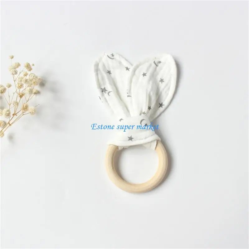 090B Rabbit Ears Baby Teether with Crinkle Cloth & Teething Rings Drools Absorbent