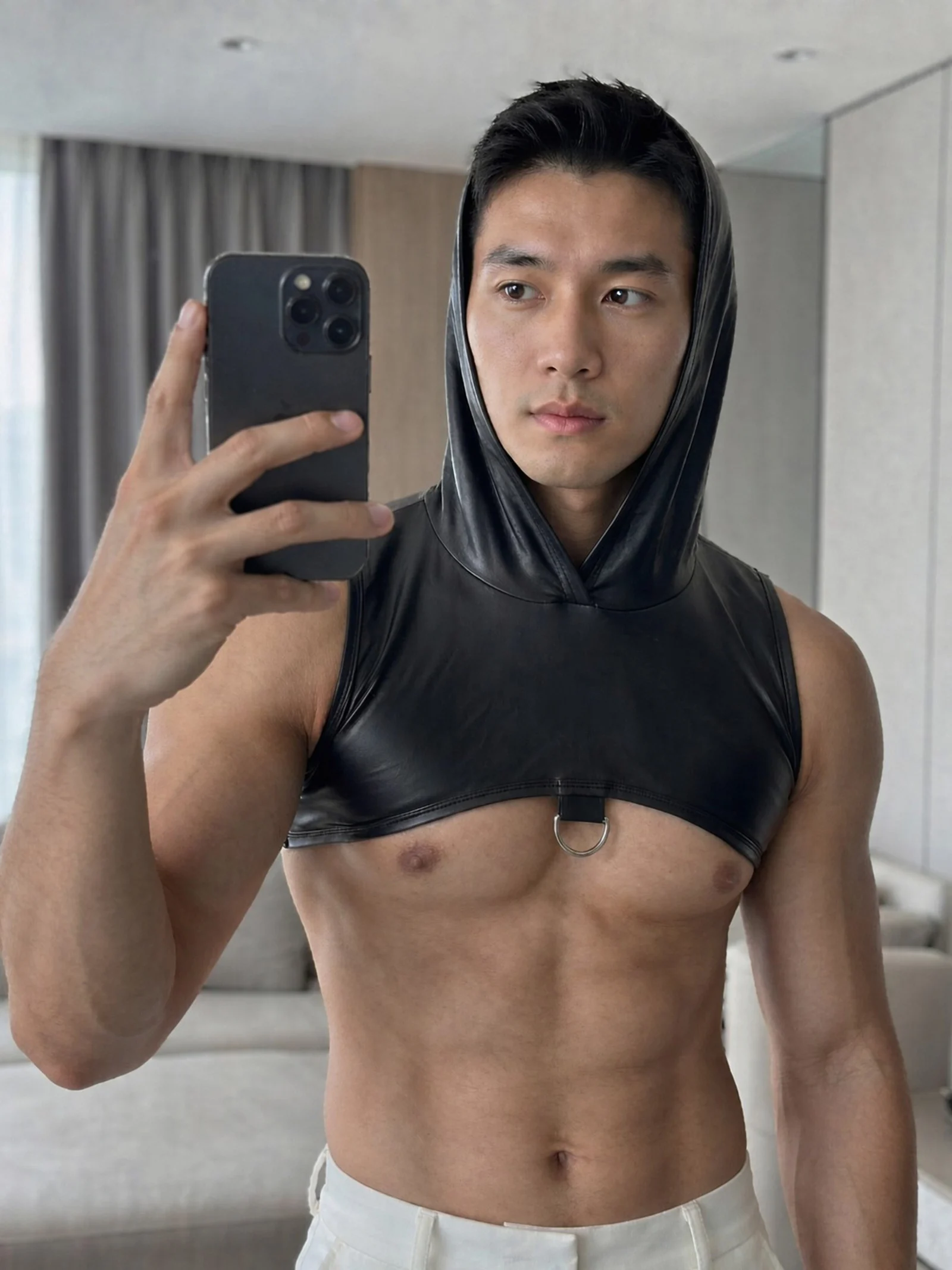Faux Leather Hooded Black Half Vest Mens Sexy Sleeveless Muscle Crop Top Muscle Tank Night Party Stage Club Outfit
