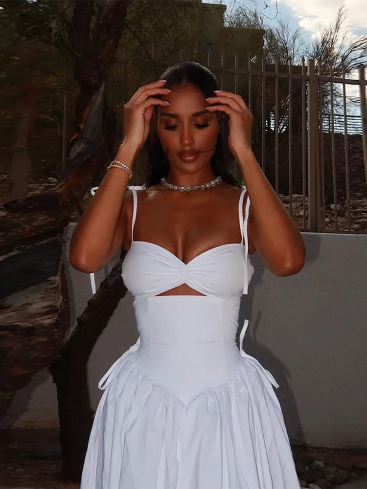 

Elegant Solid Bikini A-line Sling Dress Women Backless Sleeveless Hollow Out Bowknot Ruffle Patchwork Robe 2025 New Evening Gown