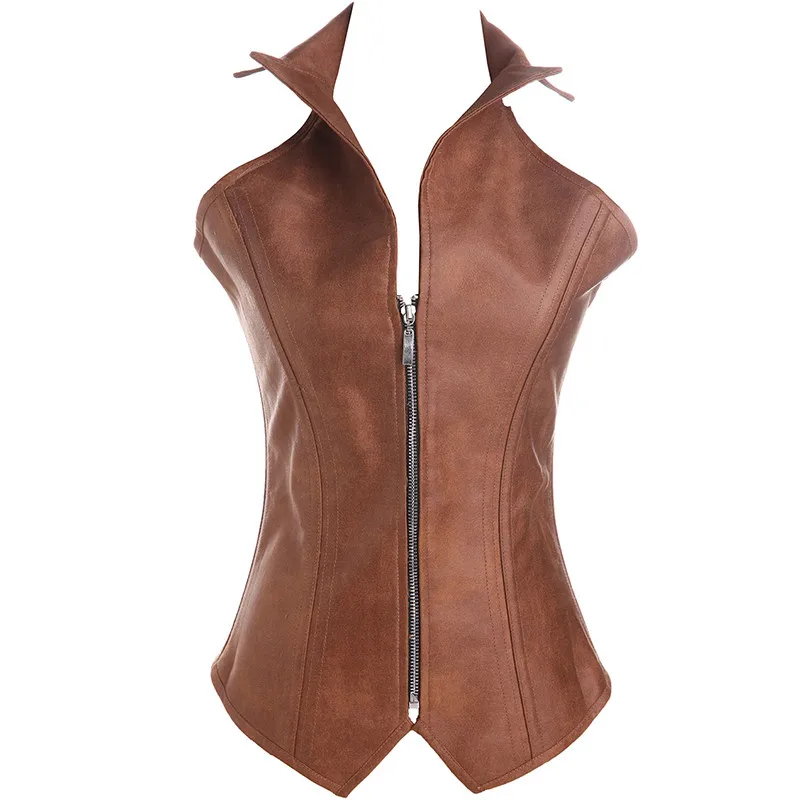 

Plus Size Zip Up Sexy Shaper Steampunk Corset Bustier for Women Gothic High Collar Back Strap Type Vintage Faux Leather Corsets