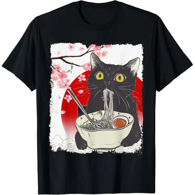 

Vintage Cat Eating Ramen Funny Japanese Noodles T-Shirt