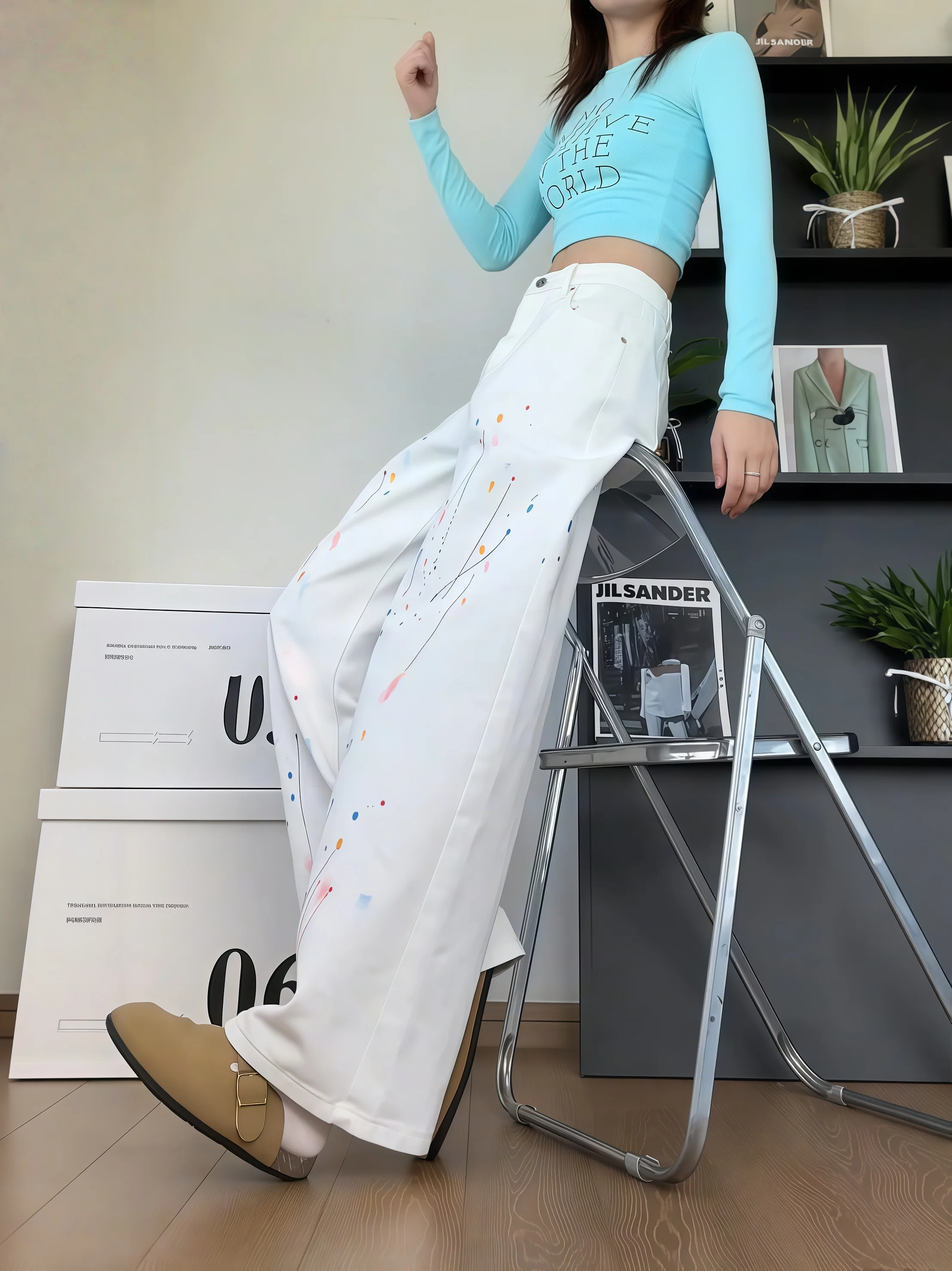 

Прямые джинсы с чернильным дизайном, белые джинсовые брюки для мужчин и женщин, осенние утягивающие брюки High Street Cleanfit