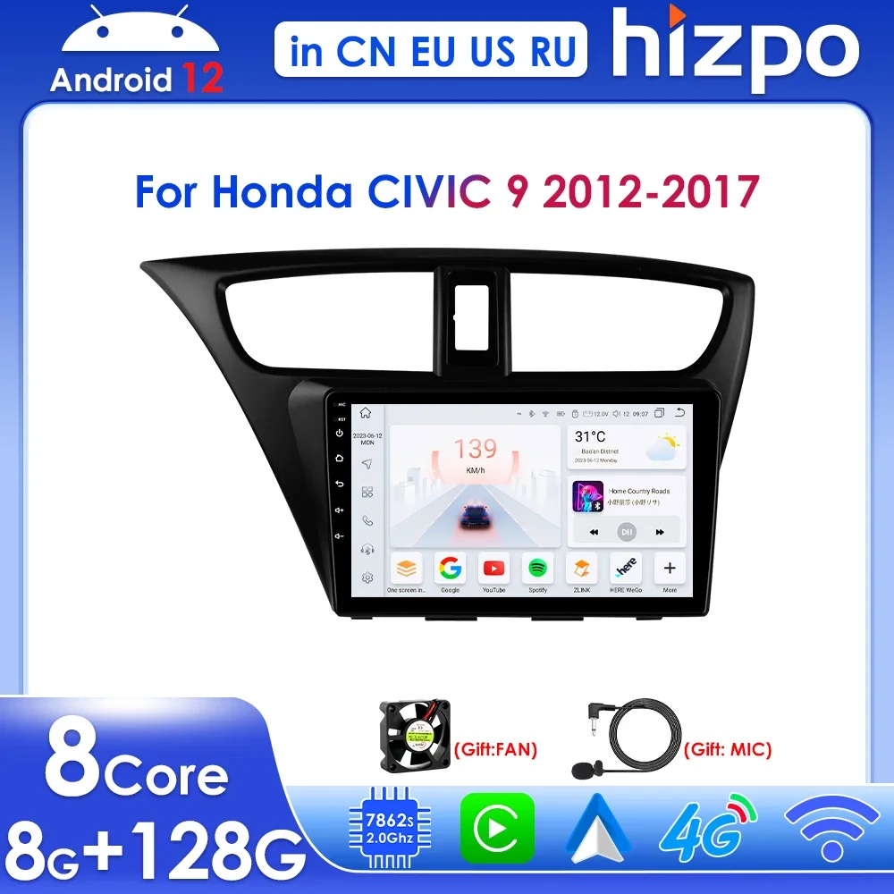 

Wireless Carplay Android Auto 10.33" 9" 2din Car Multimedia GPS Navigation for Honda CIVlC 9 2012-2017 Support DAB DVR OBD BT