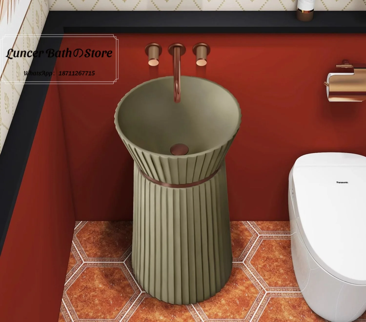 French Retro Green Sink Basin, Skirt Design Freestanding Pedestal Sink, Unique Art Column Washbasin for Bathroom