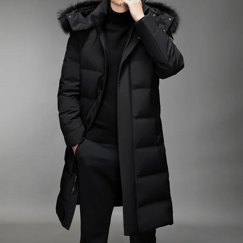 Down Jacket Men Removable Hat Long White Duck Down Hooded Fur Collar Windbreak Winter Thicken Warm Coat With Male Jacket Coat