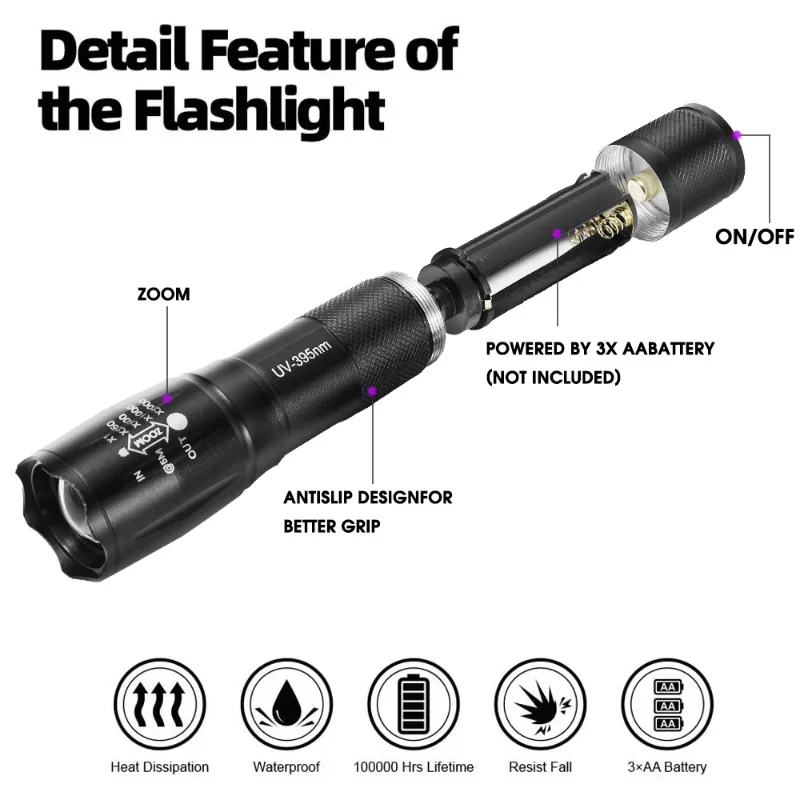 2-In-1 Ultraviolet White Lamp Double Lamp Retractable Flashlight LED Zoom Light UV Pet Urine Stain Detector Outdoor Hunting Tool