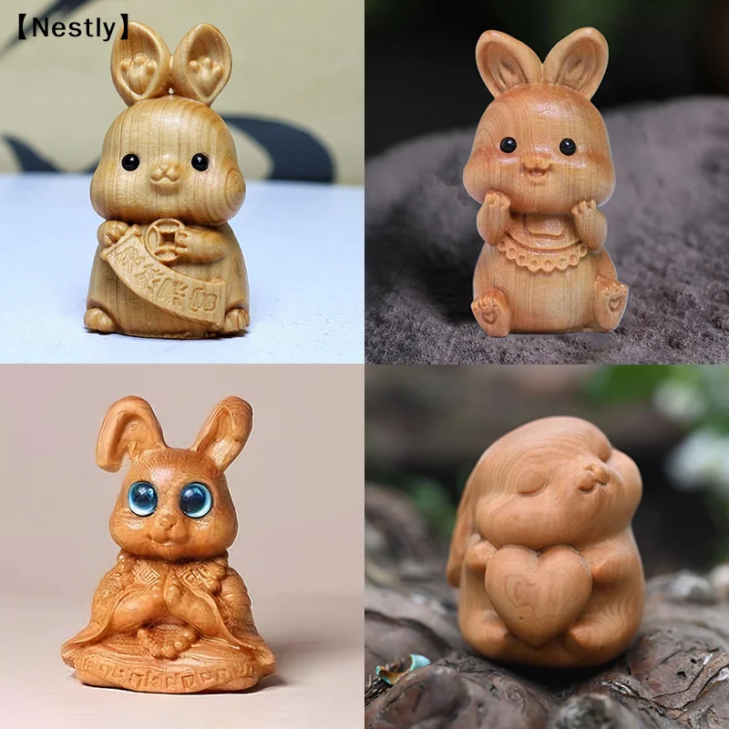 Wood Carving Easter Rabbit Ornaments Rabbit Figurine Cute Bunny Ornament Home Office Desktop Decor Car Decoration 〔Nest〕