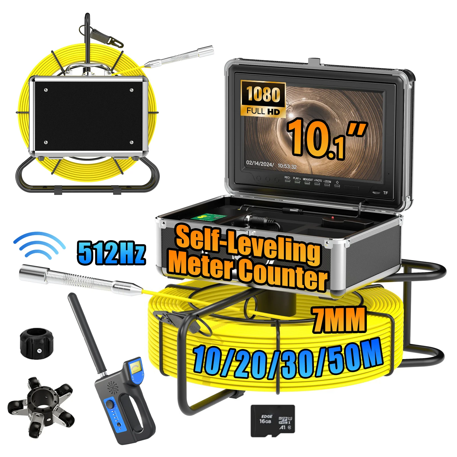 Sewer Inspection Camera -512Hz Self-Leveling Sewer Camera with Meter Counter, 7mm Cable, 32GB TF Card, 10 inch Endoscope Camera
