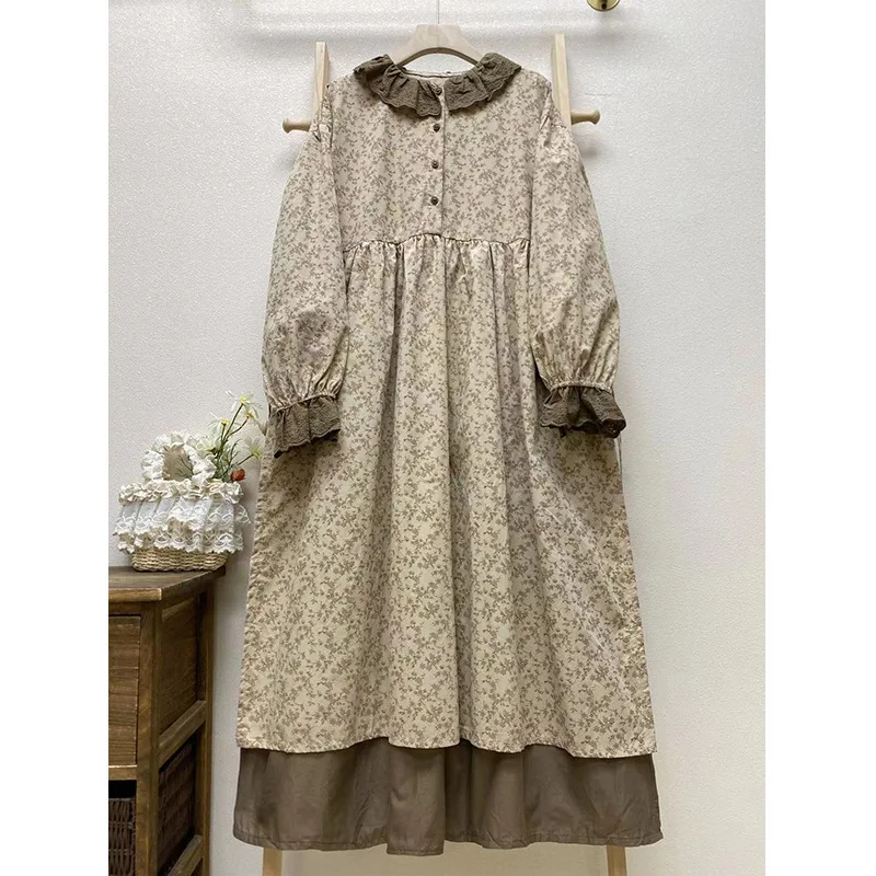 Johnature Mori Women Sweet Floral Dresses For Women 2025 New Loose Cotton Linen Turn-collar Collar Patchwork Casual Dresses