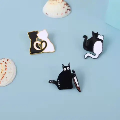 Couple Cats Enamel Pin Black White Animals Lover Funny Hold Cat Dagger Badges Metal Clothes Brooches Jewelry Gifts Wholesale