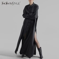 TWOTWINSTYLE Casual Minimalist Solid Dresses For Women Lapel Long Sleeve High Waist Spliced Single Breasted Loose Dress Female